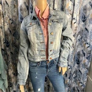 YMI jeans denim jean jacket. Distressed cropped and bleached denim. Meduim (m)
